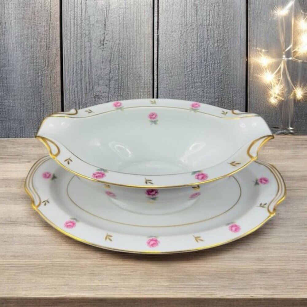 Noritake Rosalie Gravy Boat with Attached UnderPlate‎ Sauce Dish Porcelain Japan